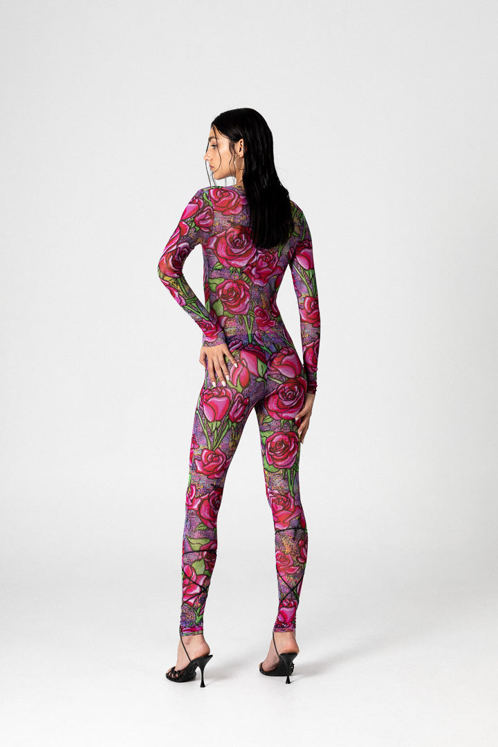 PIXEL ROSES MESH JUMPSUIT