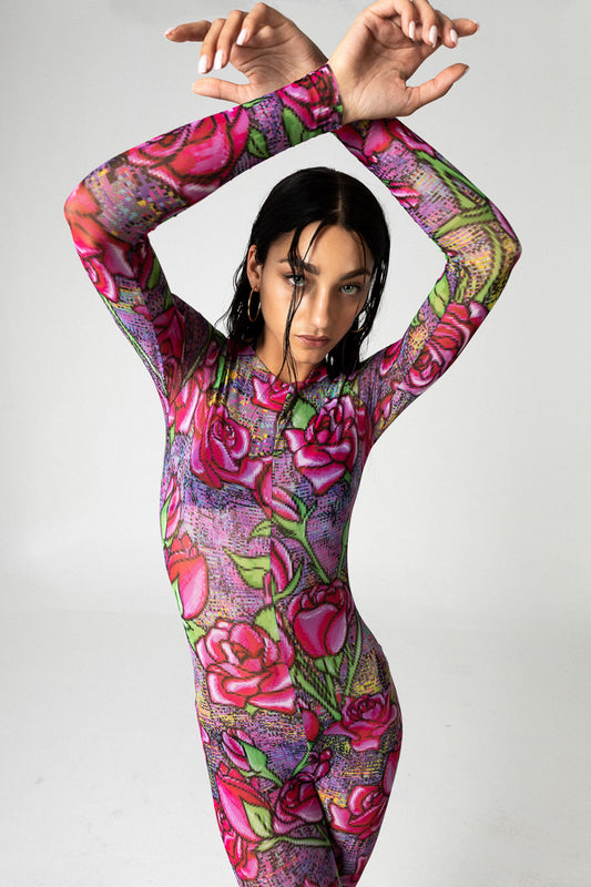 PIXEL ROSES MESH JUMPSUIT