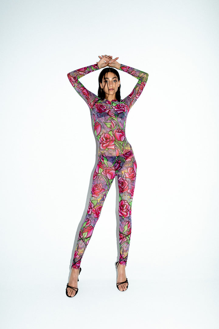 PIXEL ROSES MESH JUMPSUIT