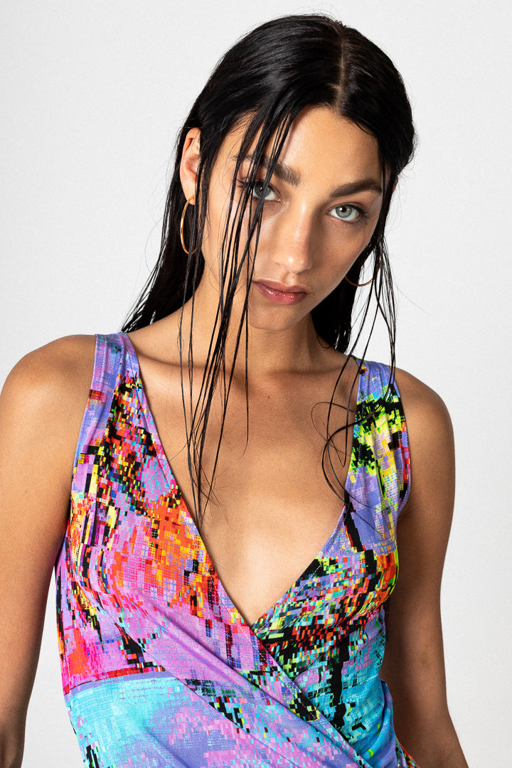 PIXEL PALMS WRAP DRESS