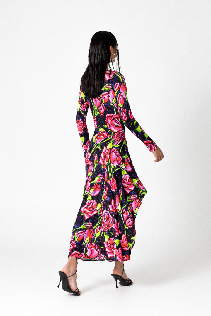 PIXEL ROSES LONG DRESS WITH RUFFLE
