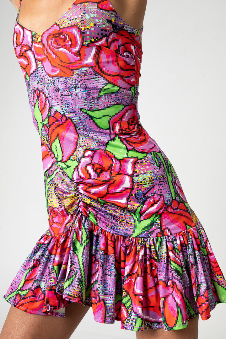 PIXEL ROSES RUFFLED DRESS