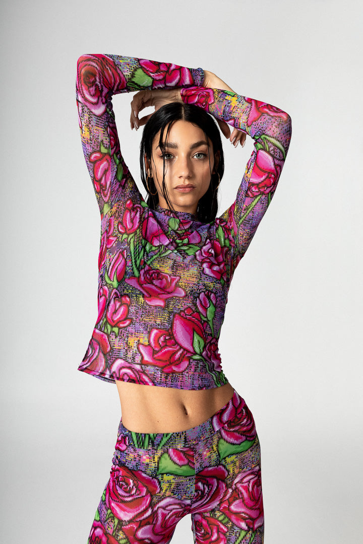 PIXEL ROSES MESH TOP