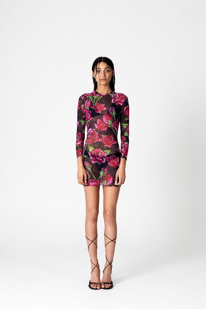 PIXEL ROSES MESH STRETCH DRESS