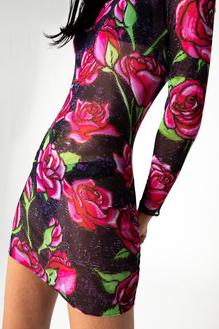 PIXEL ROSES MESH STRETCH DRESS