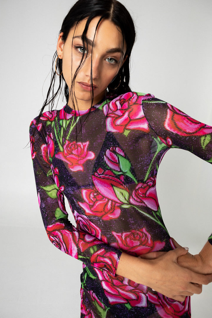 PIXEL ROSES MESH STRETCH DRESS
