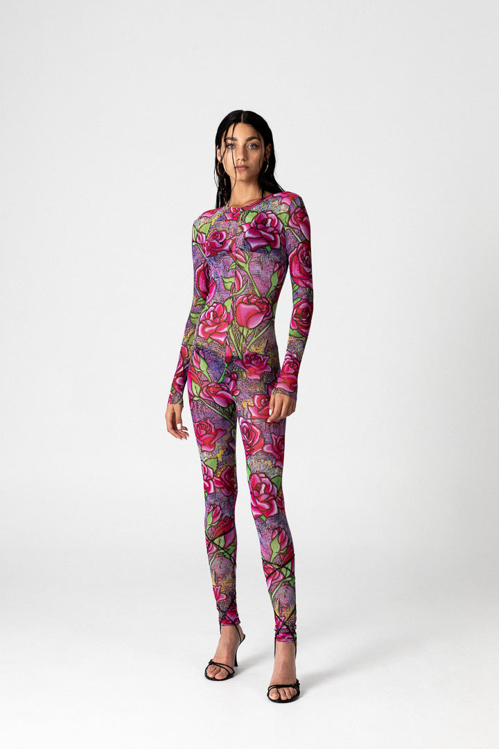 PIXEL ROSES MESH JUMPSUIT