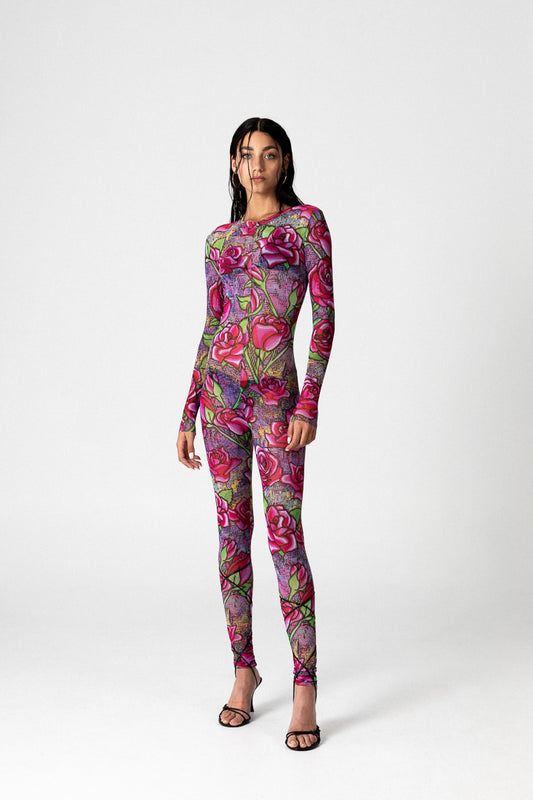 PIXEL ROSES MESH JUMPSUIT